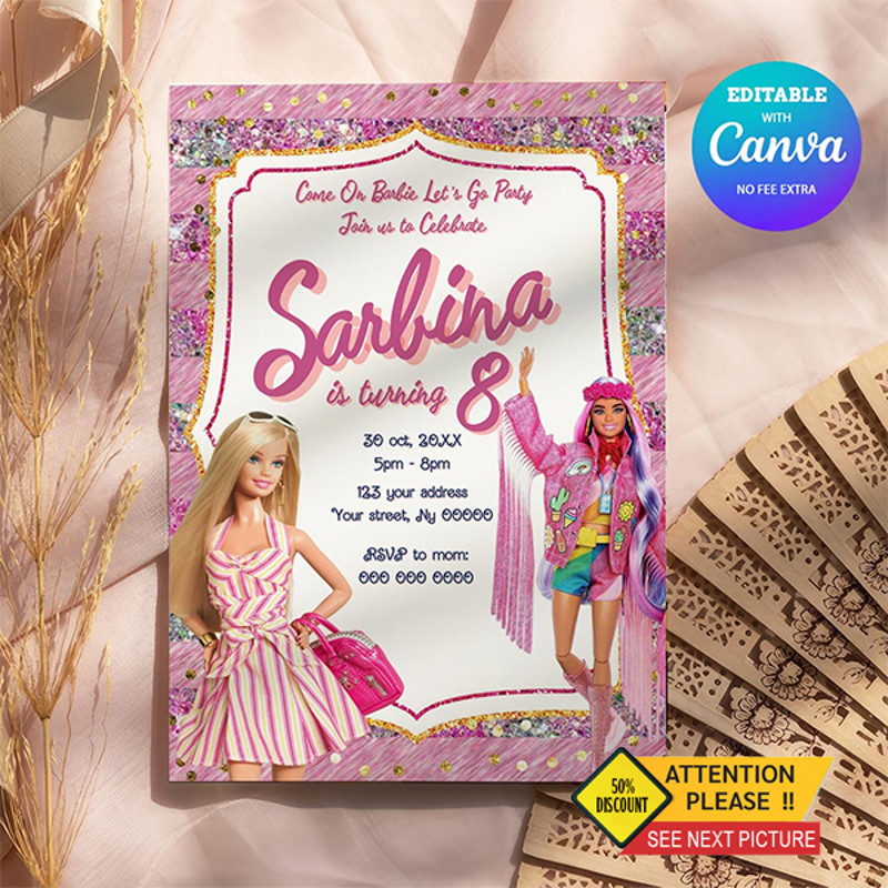 Barbie Birthday Invitation Barbie Princess Birthday Invitation Canva Editable Instant Download 0