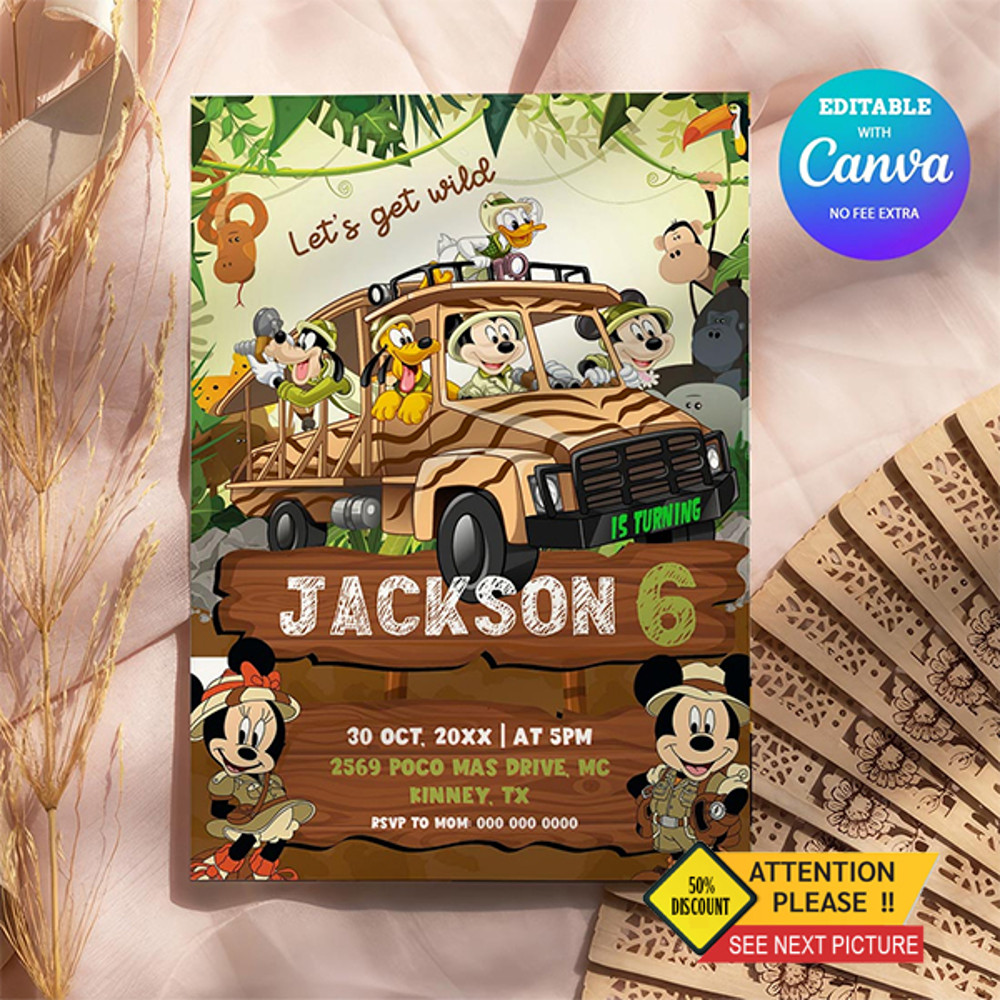 Mickey Mouse Safari Birthday Invitation Minnie Mouse Safari Birthday Invitation Canva Editable Instant Download 0
