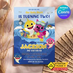 baby shark birthday invitation, do do do our baby shark birthday invitation canva editable instant download