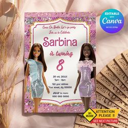 barbie birthday invitation, barbie princess birthday invitation canva editable instant download
