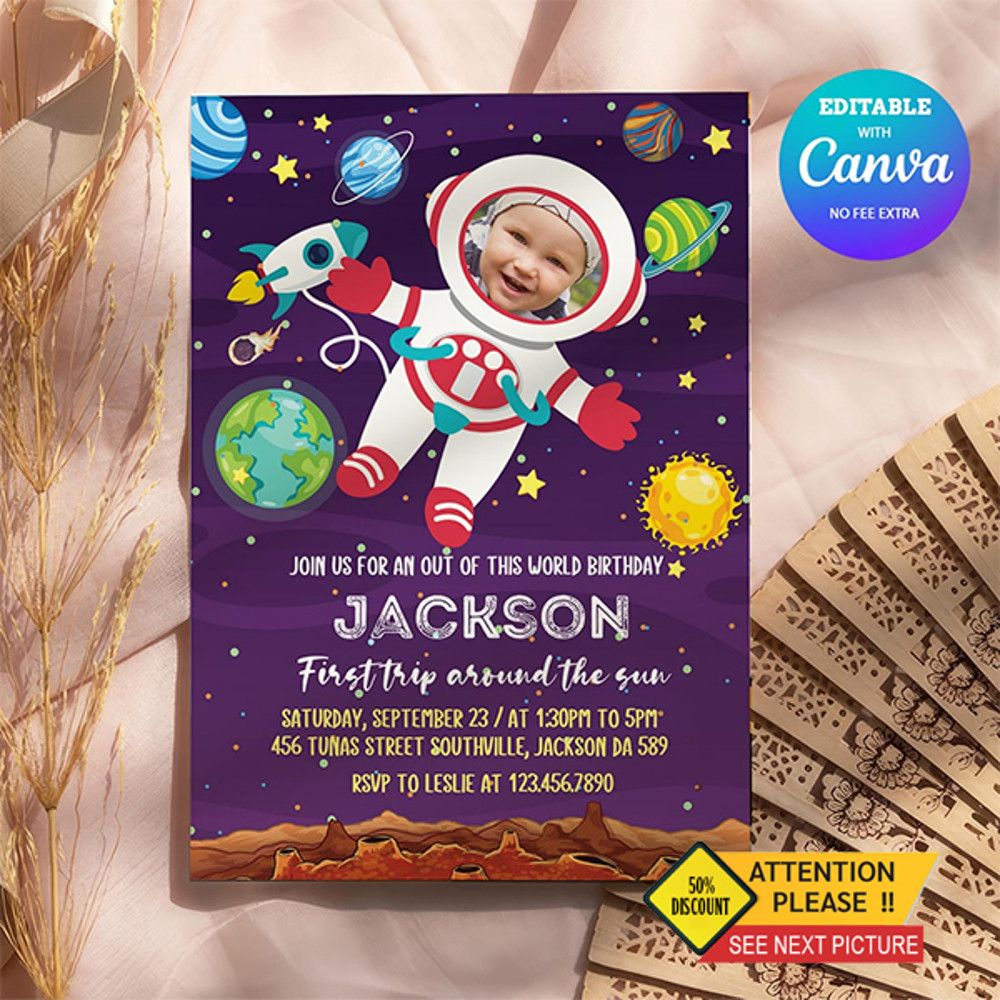 Astronaut First Trips 1st Birthday Invitation With Photo Canva Editable 0