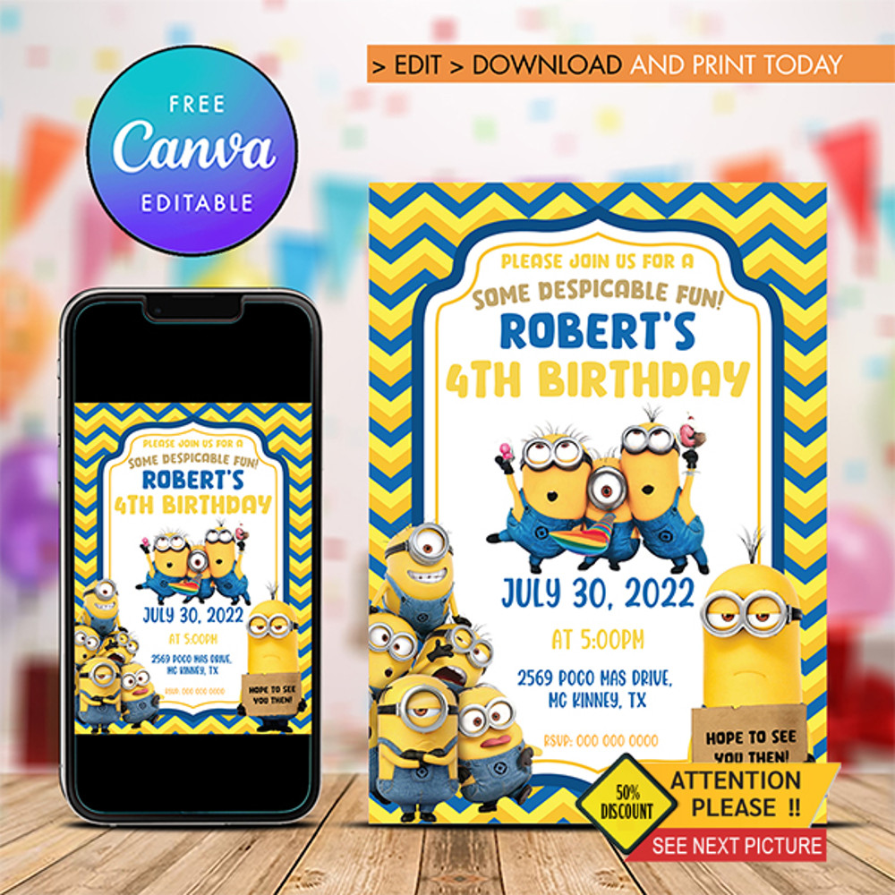 Minion Birthday Invitation Minion Party Minion Birthday Party Invitation Canva Editable 0
