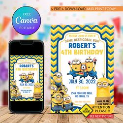 minion birthday invitation, minion party, minion birthday party invitation canva editable
