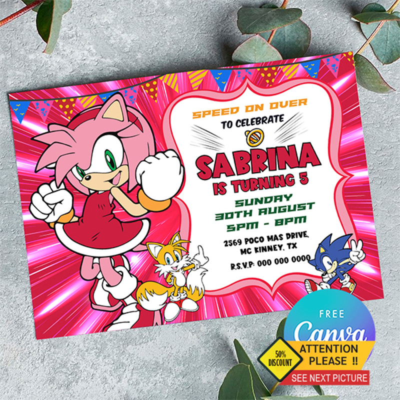 Amy Rose Birthday Inviation, Amy Rose Birthday Girl Invitation Printable Sonic Invitation Template Canva Editable