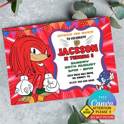 knuckles birthday inviation, knuckles birthday invitation printable sonic invitation template canva editable