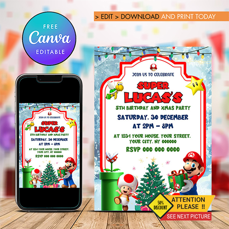 Super Mario Christmas Birthday Invitation Mario Bross Xmas Birthday Invitation Canva Editable Instant Download 0