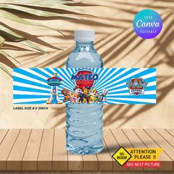 paw patrol water bottle label, paw patrol birthday water bottle label editable and printable digital download