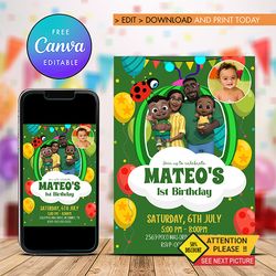 cocomelon birthday invitation with photo , cody family birthday invitation canva editable