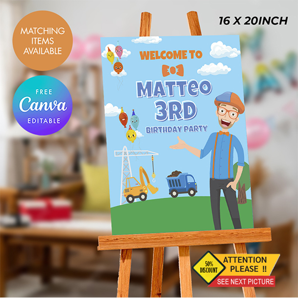 Editable Blippi Birthday Welcome Sign Printable Instant Download 0