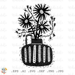 flowers in vase svg, flowers in vase cricut, flowers silhouette, flowers stencil template dxf, clipart png, linocut svg