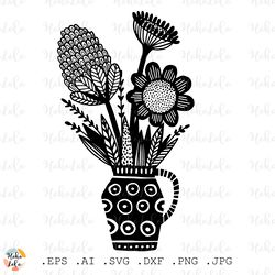 flowers svg, flowers in vase cricut, flowers linocut silhouette, flowers stencil template dxf, flowers clipart png
