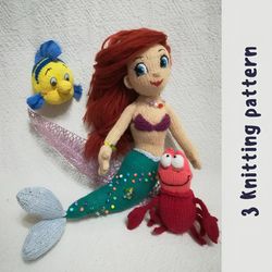 Toy knitting patterns The Little Mermaid doll, Crab Sebastian knitting, Flounder
