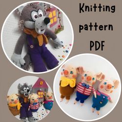 Knit DIY plush wolf and 3 pigs, toy knitting patterns