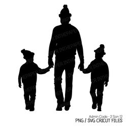 Dad Walking Hand In Hand With His Two Sons | Father Day PNG Silhouette SVG Christmas Santa Fur Hat Boy Line Art Children