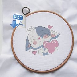 cat with heart cross stitch pattern valentines cross stitch pattern cat cross stitch pattern cross stitch pattern pdf