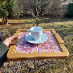Wood coffee tray with handpainted wood tiles