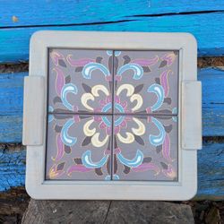 Wood coffee tray with handpainted wood tiles. Gray, pink and blue