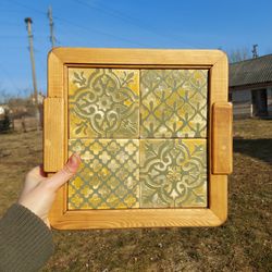 Wood coffee tray with handpainted wood tiles. Khaki and brown