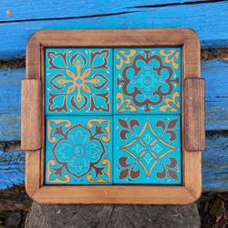 Wood coffee tray with handpainted wood tiles. turquoise