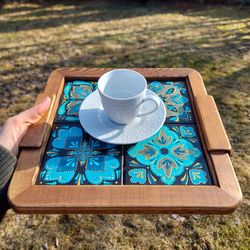 Wood coffee tray with handpainted wood tiles. Turquoise and black