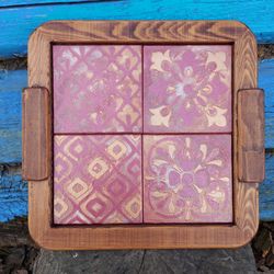 Wood coffee tray with handpainted wood tiles. Pink and beige