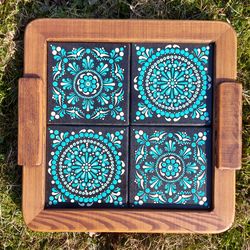 Wood coffee tray with handpainted wood tiles. turquoise, black and white
