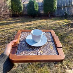 Wood coffee tray with handpainted wood tiles. Brown and gold