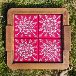 Wood coffee tray with handpainted wood tiles. Red and white