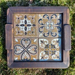 Wood coffee tray with handpainted wood tiles. Black, white and gold