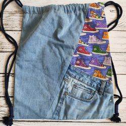 Handmade denim backpack,eco bag,recycled jeans bag,backpack with a drawstring,