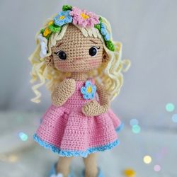 Crochet Doll English Pattern in pink dress, Amigurumi spring doll with flowers, stuffed cute doll