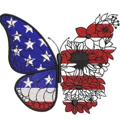 butterfly usa flag with flowers embroidery design, independence day