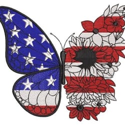 butterfly usa flag with flowers embroidery design, independence day 2