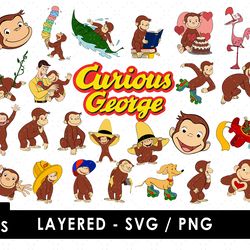 curious george svg & png files vector images and clipart bundle pack for cricut cutting machines