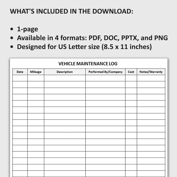 Printable Vehicle Maintenance Log, Auto Service Record, Car - Inspire ...