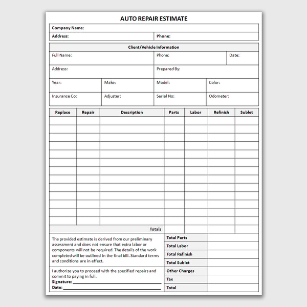 Auto Repair Form.pdf Printable Auto Repair Estimate Form, Auto Repair Order Form, - Inspire ...