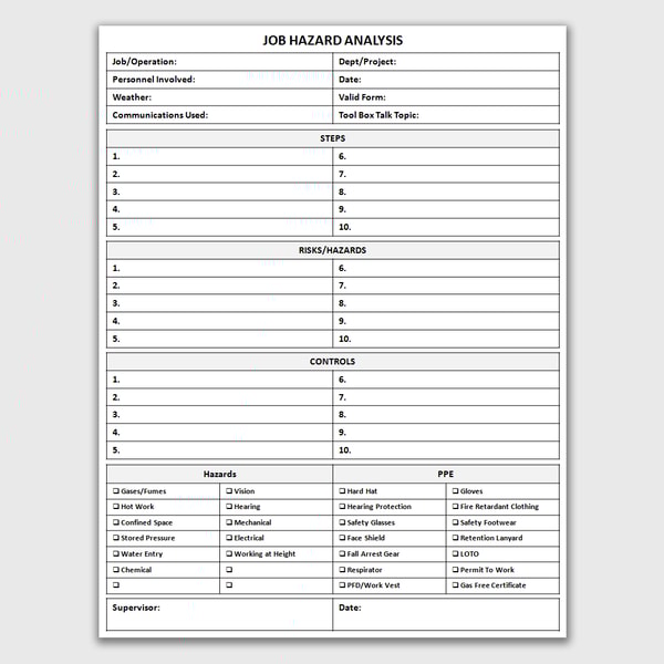 Printable Job Hazard Analysis Form, JHA Sheet, Workplace Saf | Inspire ...