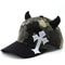 Camouflage Bull Horn Baseball Hat with Handmade DIY Devil Cross Cloth Embroidery, Adjustable Duck Tongue Cap for Men