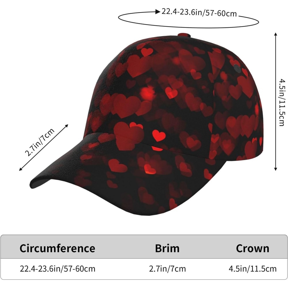 Valentine Day Hearts Baseball Cap, Cute Adjustable Red Hat for Men Women, Fashion Sun Hat for Gifts