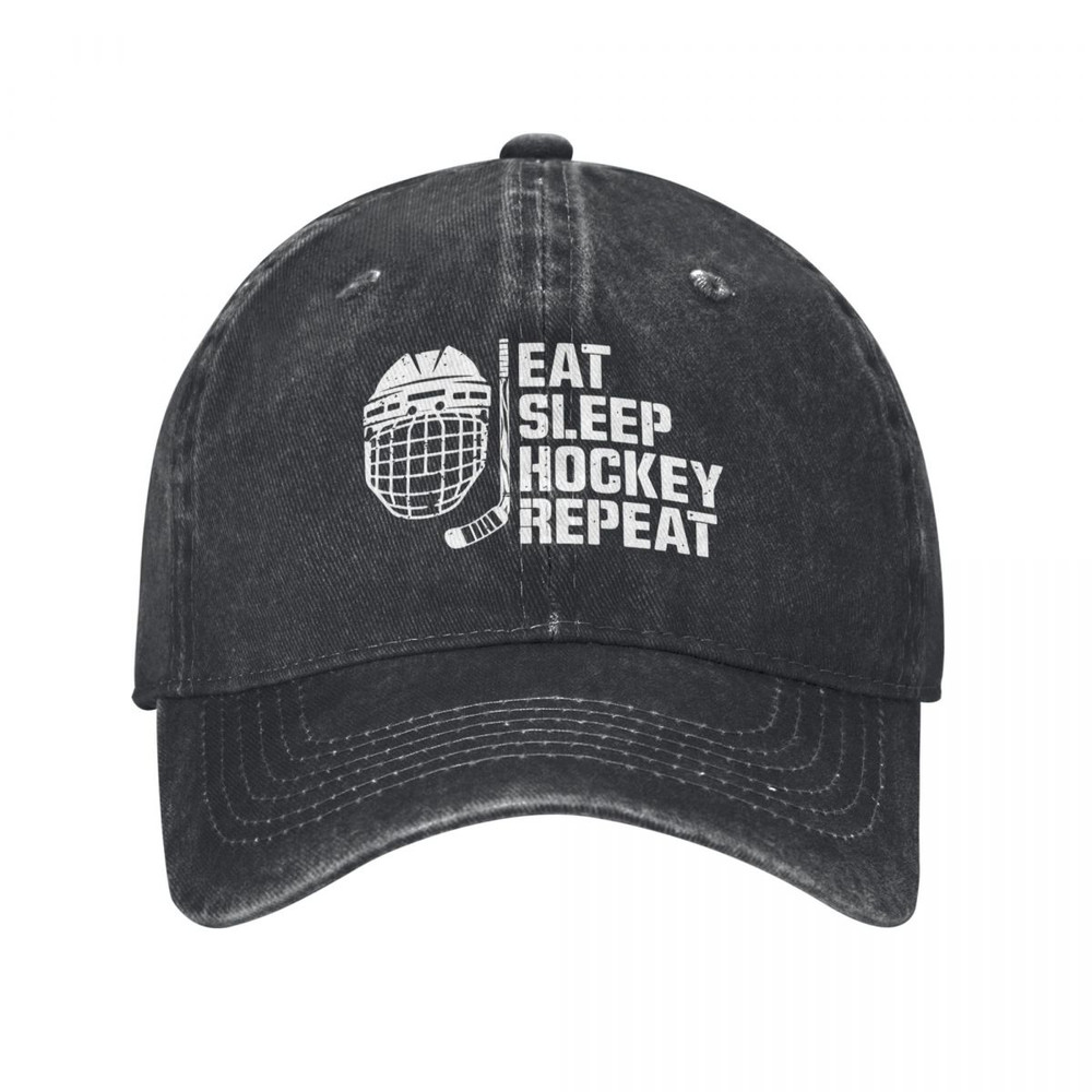 Adjustable Trucker Dad Hat, Women Mens Eat Sleep Hockey Repeat Printed Baseball Cap, Baseball Snapback Cap