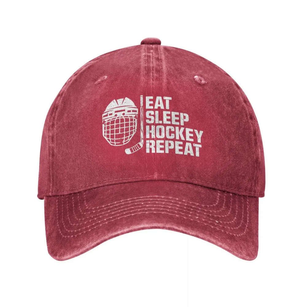 Adjustable Trucker Dad Hat, Women Mens Eat Sleep Hockey Repeat Printed Baseball Cap, Baseball Snapback Cap