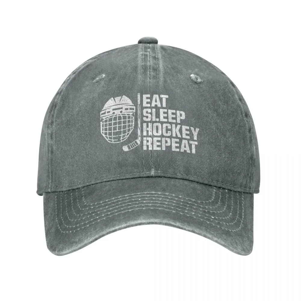 Adjustable Trucker Dad Hat, Women Mens Eat Sleep Hockey Repeat Printed Baseball Cap, Baseball Snapback Cap