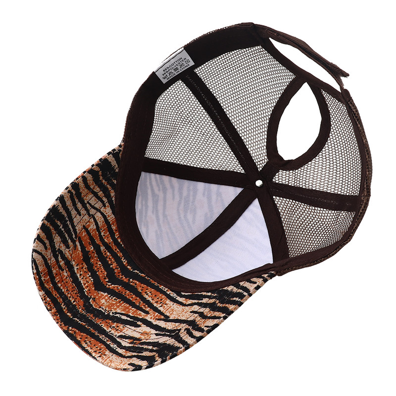 Breathable Mesh Baseball Cap for Women, Leopard Print Snapback Hat, High Ponytail Summer Trucker Sunhat Female Style