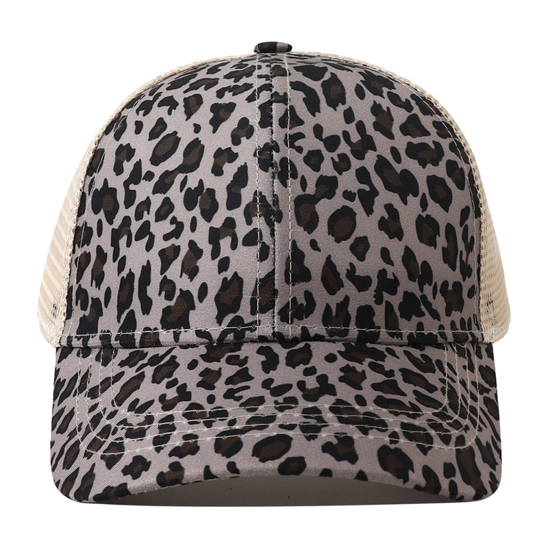 Breathable Mesh Baseball Cap for Women, Leopard Print Snapback Hat, High Ponytail Summer Trucker Sunhat Female Style