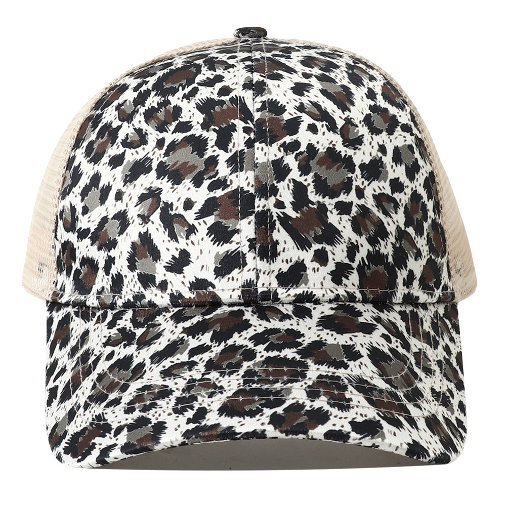 Breathable Mesh Baseball Cap for Women, Leopard Print Snapback Hat, High Ponytail Summer Trucker Sunhat Female Style