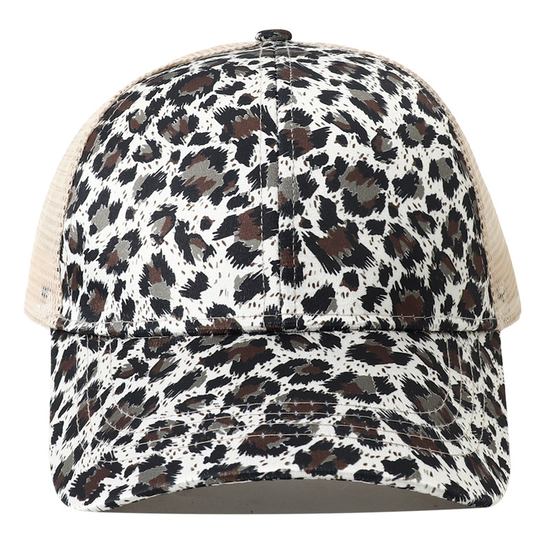 Breathable Mesh Baseball Cap for Women, Leopard Print Snapback Hat, High Ponytail Summer Trucker Sunhat Female Style