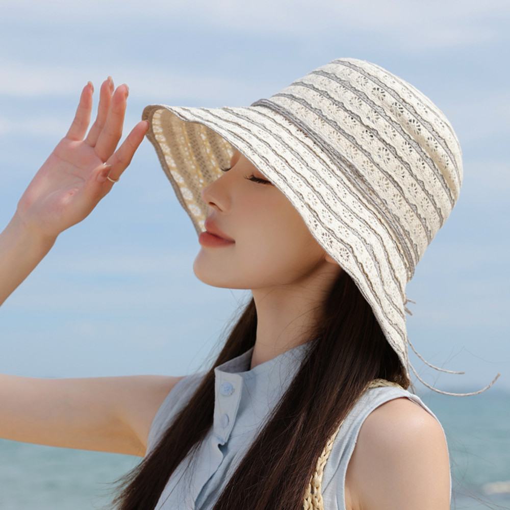 Women Summer Hollow Lace Straw Sun Hat, Outdoor Beach Seaside Hat, Large Brim Sunshade Fisherman Style Hat