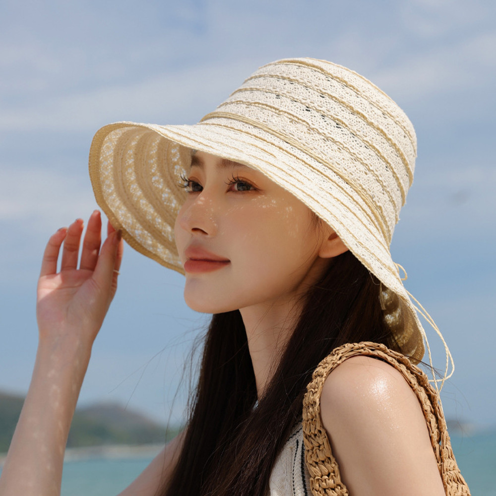 Women Summer Hollow Lace Straw Sun Hat, Outdoor Beach Seaside Hat, Large Brim Sunshade Fisherman Style Hat