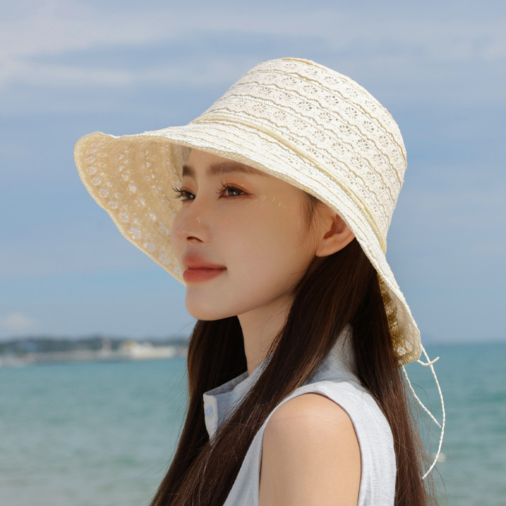 Women Summer Hollow Lace Straw Sun Hat, Outdoor Beach Seaside Hat, Large Brim Sunshade Fisherman Style Hat