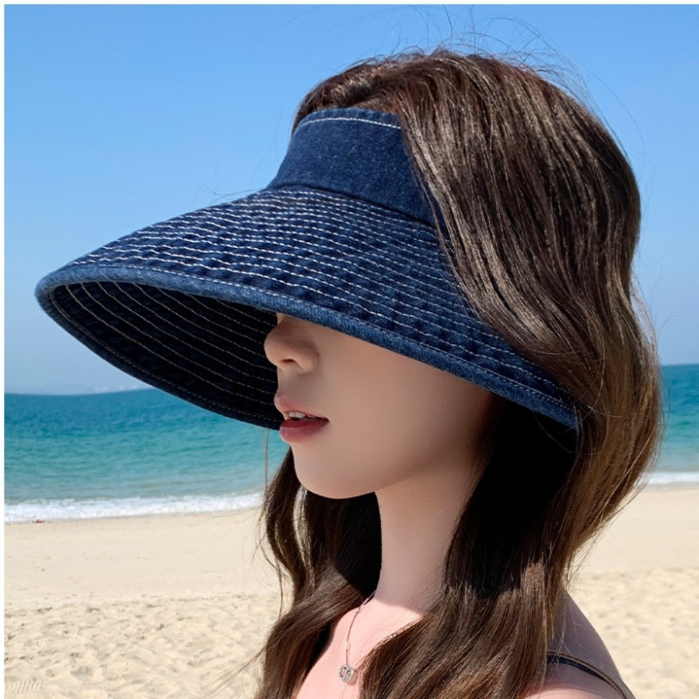 Womens Fashion Casual Sun Hat, Simple Versatile Washed Cowboy Hollow Top Hat with Large Ribbon, Stylish Beachwear